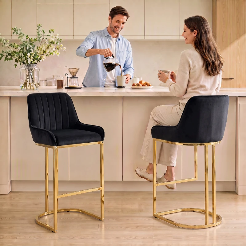 HOMCOM Bar Stools Set of 2 with Backrest, Footrest, Gold Electroplated Legs for Kitchen Island, Dining Room, Black