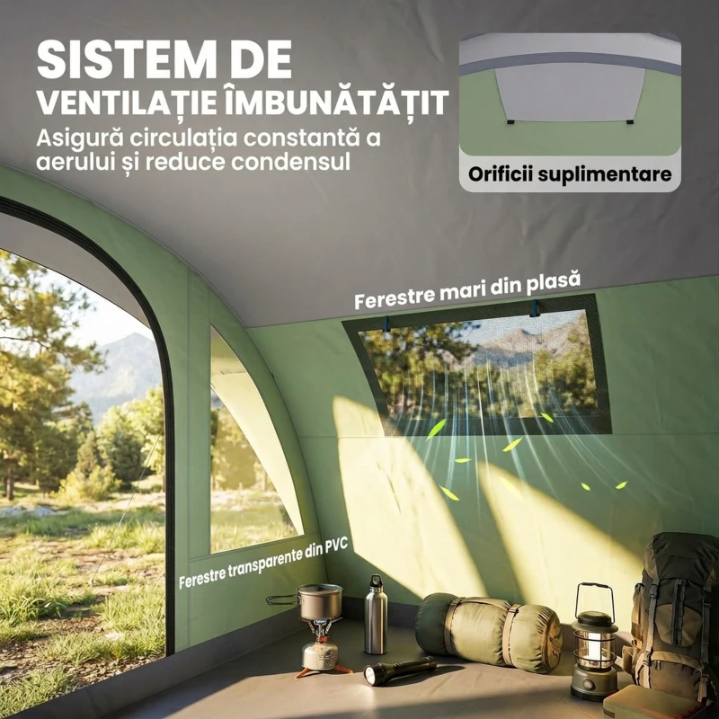 Outsunny Cort Mare Multi-Cameră pentru 2-4 Persoane, cu Ferestre și Verandă, Verde