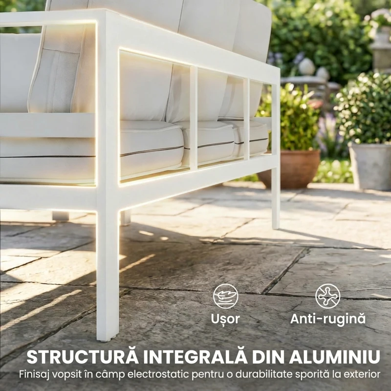Outsunny Set Canapea de Grădină din Aluminiu cu 2 Fotolii, Masă Efect Lemn, 192x66x65 cm, Alb
