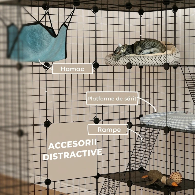 PawHut Cușcă Modulară pentru Pisici cu 4 Niveluri, cu Platforme, Rampe și 5 Uși, din Oțel și PP, 105x105x140 cm, Negru
