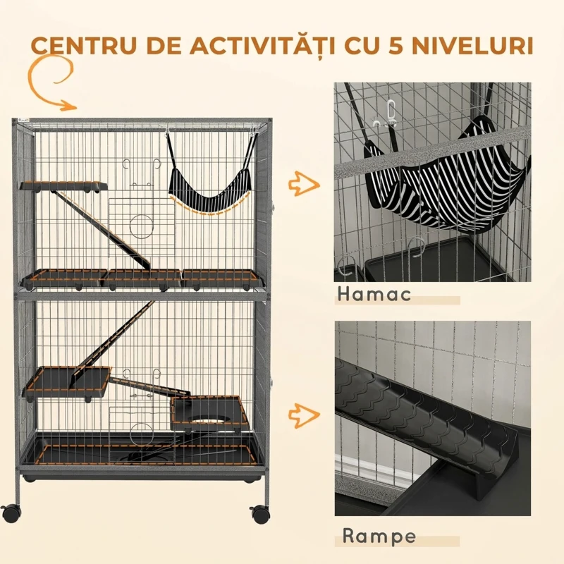 PawHut Cușcă pentru Rozătoare cu 4 Intrări și Niveluri Multiple, cu Hamac, din Metal și PP, 80x52x128 cm, Argintiu și Gri