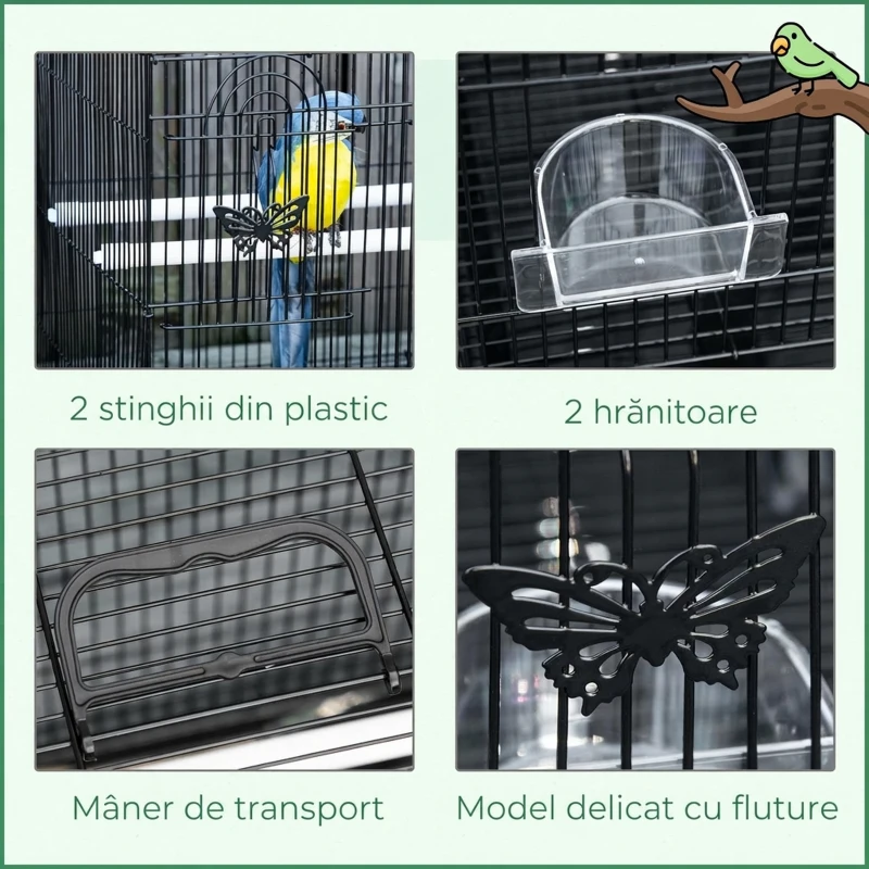 PawHut Colivie pentru păsări cu 2 stinghii și 3 intrări, din sârmă metalică și plastic, 60x41x41 cm, negru