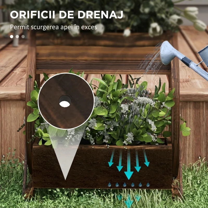 Outsunny Jardinieră din Lemn pentru Exterior pe 2 Niveluri cu 3 Ghivece și Roți de Car în Stil Rustic, 55x32x56cm
