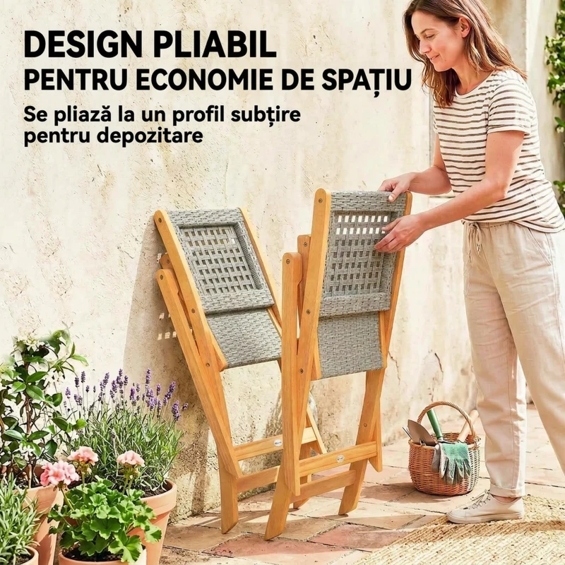 Outsunny Set de 2 Scaune de Grădină Pliabile din Lemn de Salcâm, Gri