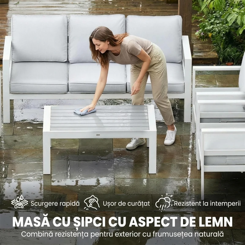 Outsunny Set Canapea de Grădină din Aluminiu cu 2 Fotolii, Masă Efect Lemn, 192x66x65 cm, Alb