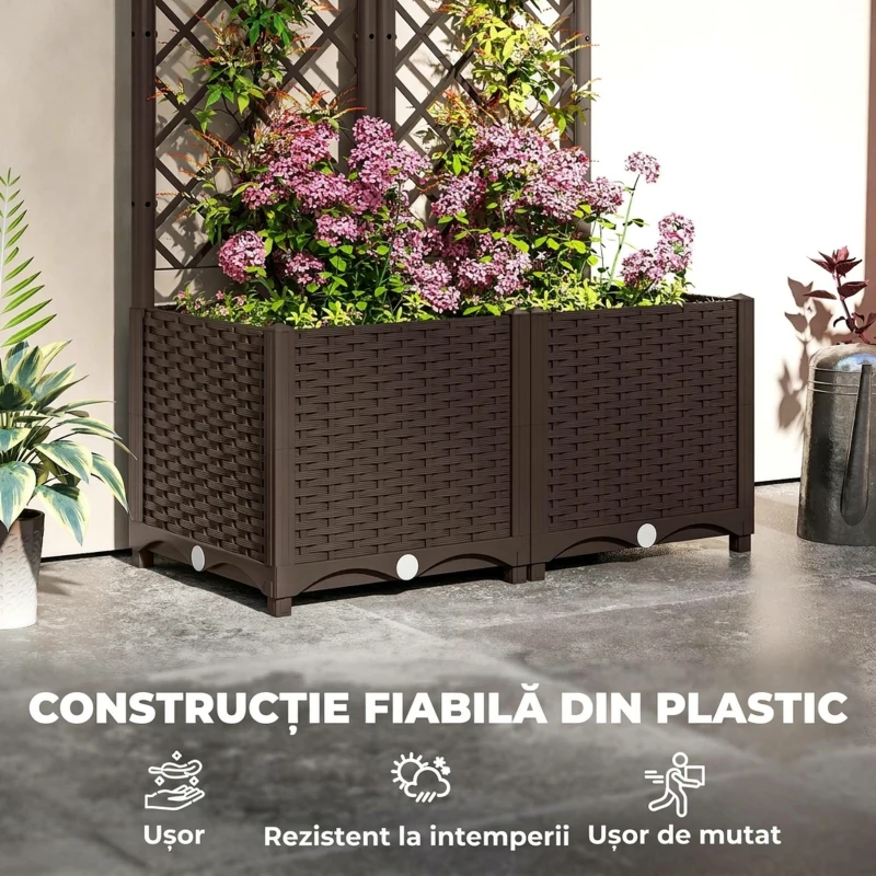 Outsunny Jardinieră Ridicată cu Spalier pentru Plante Cățărătoare și 8 Orificii de Drenaj din PP, 80x40x135 cm, Maro