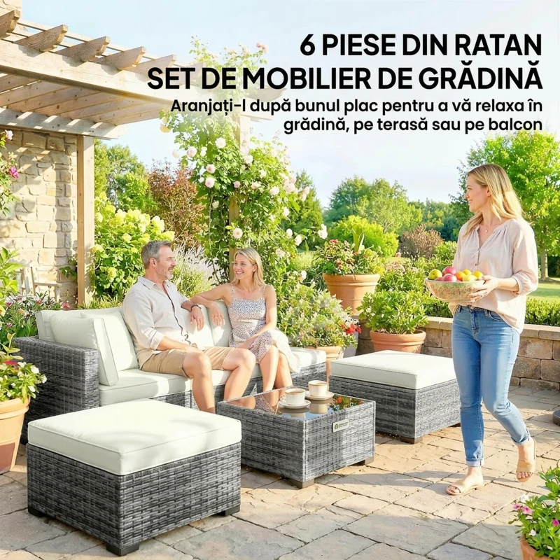 Outsunny Set Mobilier de Grădină din Ratan, 6 Piese, Fotoliu Colțar, Canapele fără Brațe, Suporturi pentru Picioare și Măsuță, Gri Amestecat