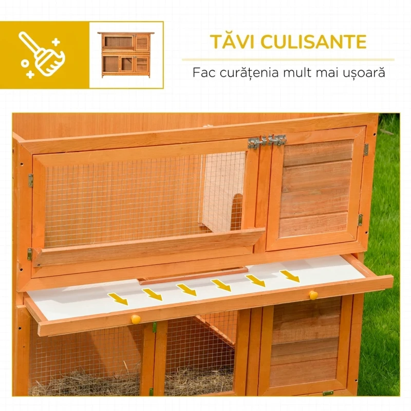 PawHut Cușcă pentru Iepuri din Lemn pentru Exterior cu Căsuță și Gard pe 2 Nivele, 122x48x100 cm