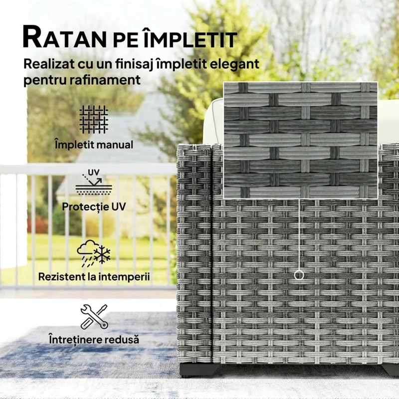 Outsunny Set Mobilier de Grădină din Ratan, 6 Piese, Fotoliu Colțar, Canapele fără Brațe, Suporturi pentru Picioare și Măsuță, Gri Amestecat