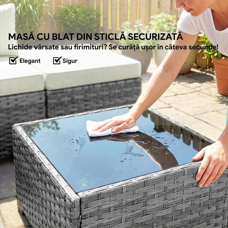 Outsunny Set Mobilier de Grădină din Ratan, 6 Piese, Fotoliu Colțar, Canapele fără Brațe, Suporturi pentru Picioare și Măsuță, Gri Amestecat