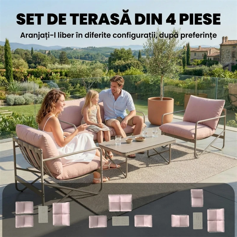Outsunny Set de Grădină cu 4 Piese, Canapea, 2 Fotolii și Măsuță de Cafea Roz