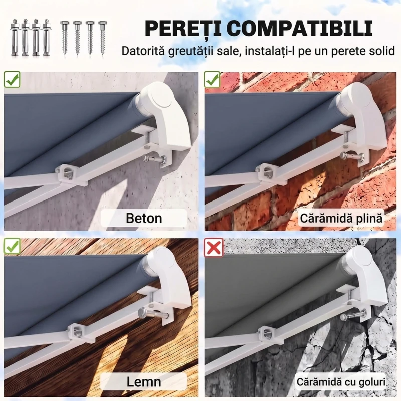 Outsunny Copertină Retractabilă pentru Exterior cu Manivelă, 360x250 cm, Gri