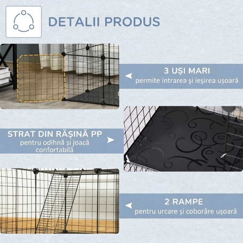 PawHut Cușcă modulară pentru iepuri și porcușori de Guineea, pe mai multe niveluri, cu 3 uși și fire din oțel, neagră