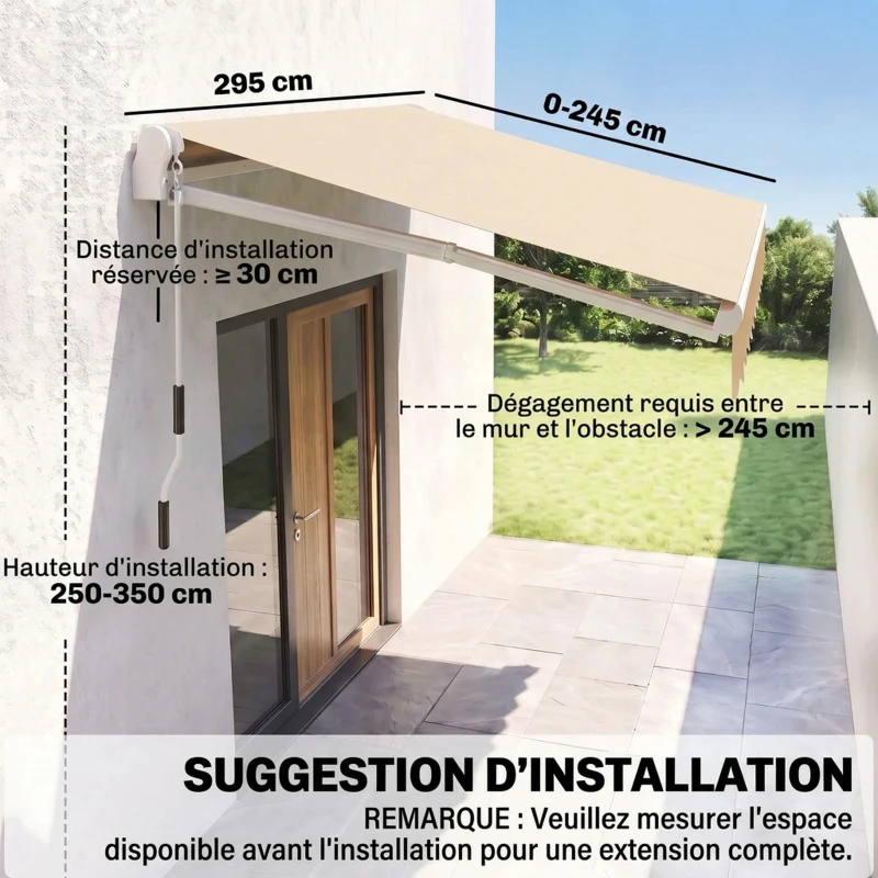 Outsunny Store banne manuel rétractable 295 x 245 cm avec manivelle, protection UV, cadre en aluminium, beige