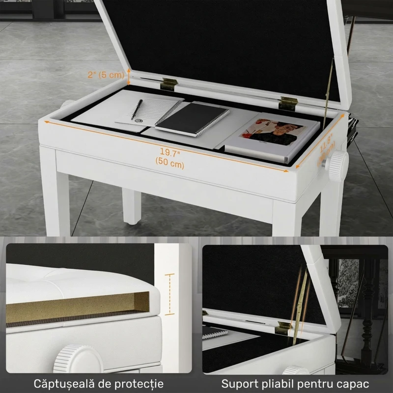 HOMCOM Taburet Pian Reglabil cu Spațiu de Depozitare și Șezut Tapițat, 54,5x33x48-58 cm, Alb