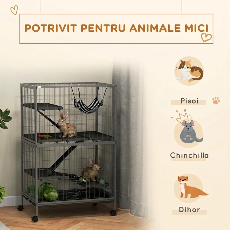PawHut Cușcă pentru Rozătoare cu 4 Intrări și Niveluri Multiple, cu Hamac, din Metal și PP, 80x52x128 cm, Argintiu și Gri