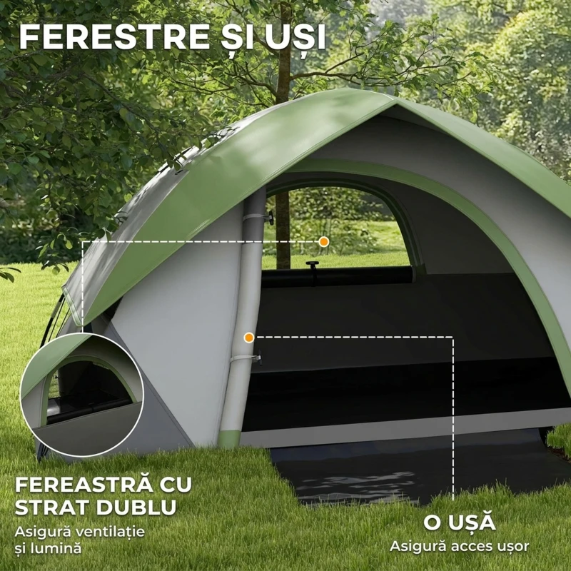 Outsunny Cort de Camping pentru 2 Persoane cu Fereastră din Plasă, din Poliester, Fibra de Sticlă și PE, 210x150x110 cm, Gri și Verde