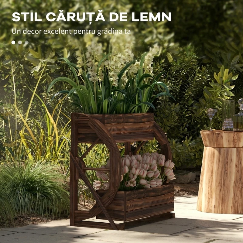 Outsunny Jardinieră din Lemn pentru Exterior pe 2 Niveluri cu 3 Ghivece și Roți de Car în Stil Rustic, 55x32x56cm