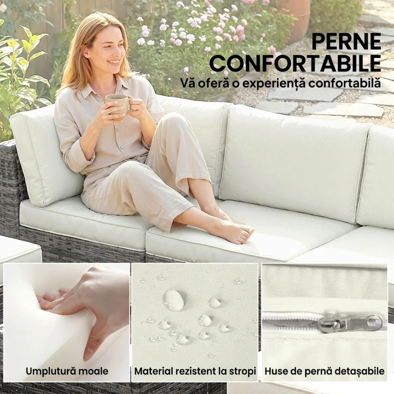 Outsunny Set Mobilier de Grădină din Ratan, 6 Piese, Fotoliu Colțar, Canapele fără Brațe, Suporturi pentru Picioare și Măsuță, Gri Amestecat