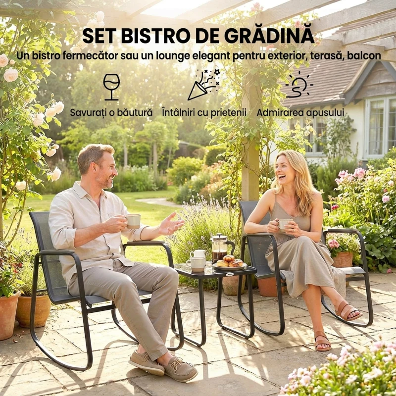 Outsunny Set Bistro din 3 Piese, Set de Grădină cu 2 Scaune de Exterior cu Mișcare de Legănare din Textilenă Respirabilă, Masă cu Blat din Sticlă, Set Masă și Scaune din Oțel pentru Terasă și Balcon, Gri