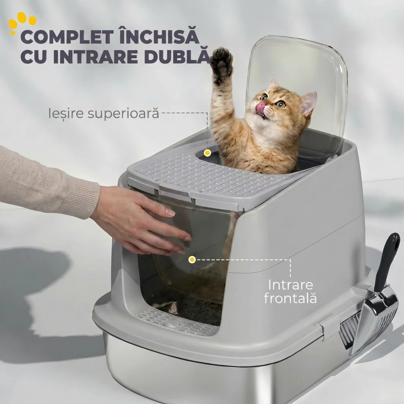 PawHut Litieră Închisă pentru Pisici din Oțel Inoxidabil, cu Capac Rabatabil, Acces Dublu și Paletă, Gri Deschis