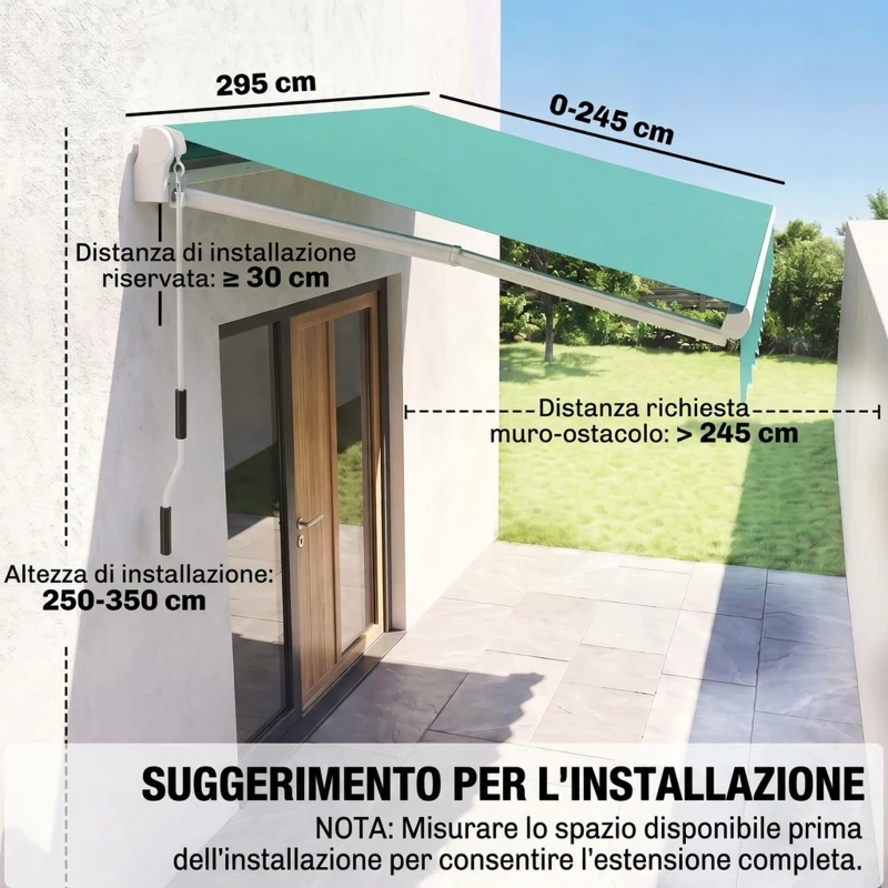 Outsunny Tenda da Sole Avvolgibile a Caduta con Manovella, in Alluminio e Poliestere, 3x2.5m, Verde Scuro