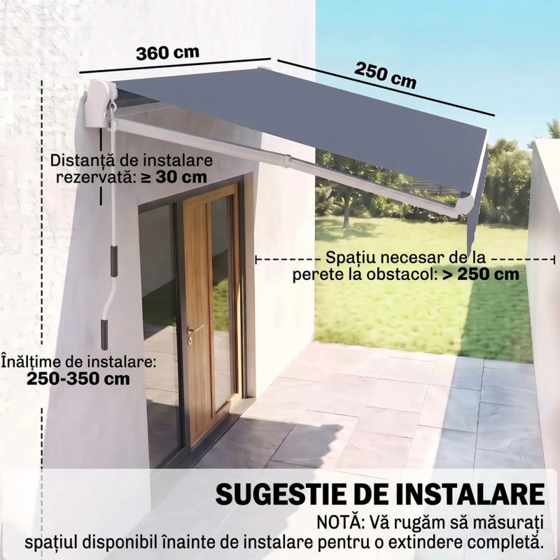Outsunny Copertină Retractabilă pentru Exterior cu Manivelă, 360x250 cm, Gri