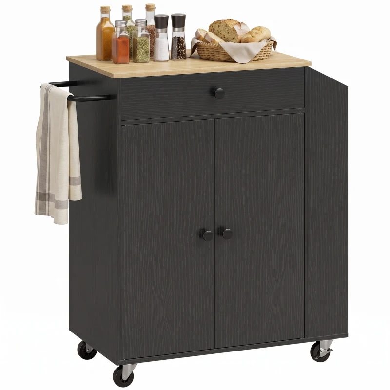 HOMCOM Rolling Kitchen Island with 3-Tier Spice Rack, Kitchen Storage Cart with Drawer and Towel Rack, Black