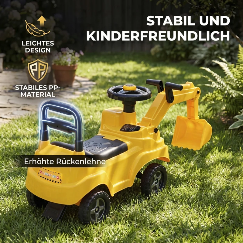AIYAPLAY Sitzbagger Kinder Aufsitzbagger mit Schaufel Lenkrad Kinderbagger mit Hupe, Stauraum unter dem Sitz für 1-3 Jahre