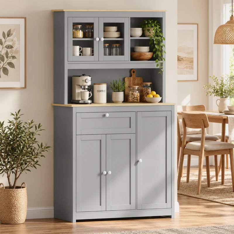 HOMCOM Voorraadkast met open werkblad en kabeldoorvoer, keukenbuffet met glazen deuren, grijs, 180 cm