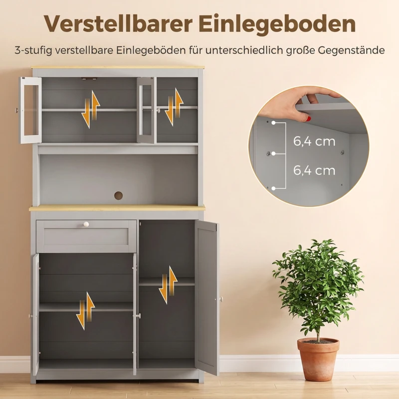 HOMCOM Vorratsschrank mit offener Arbeitsfläche und Kabeldurchlass, Küchenbuffet mit Glastüren Grau, 180cm