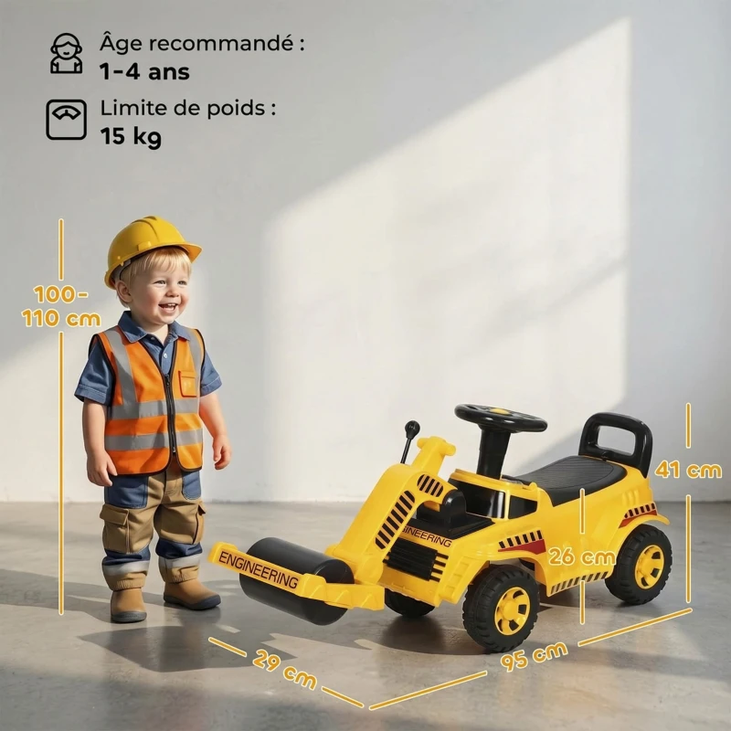 AIYAPLAY Porteur Enfant Rouleau Compresseur, Rouleau avant Relevable, Volant, Klaxon, Rangement sous Siège, 95x29x41cm, Jaune