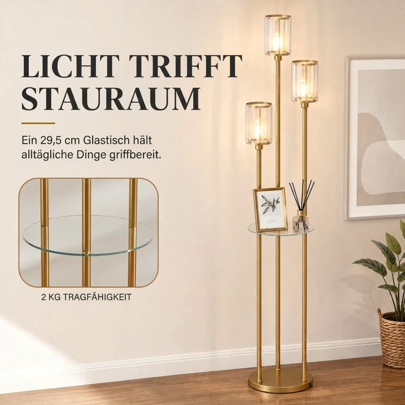 HOMCOM Vloerlamp met plank, 3 glazen kappen en glazen tafel, 177 cm, goud