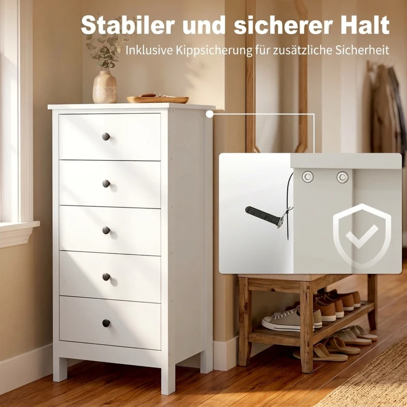 HOMCOM Ladekast met 5 lades, met zwarte grepen, voor slaapkamer en woonkamer, 50 x 35 x 90 cm, wit