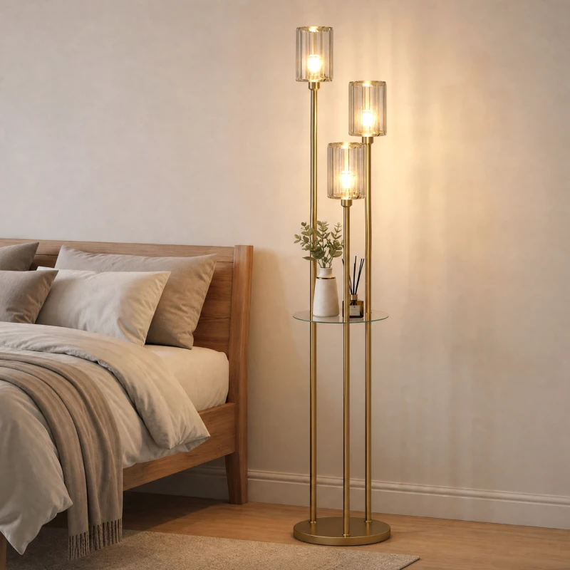 HOMCOM Vloerlamp met plank, 3 glazen kappen en glazen tafel, 177 cm, goud