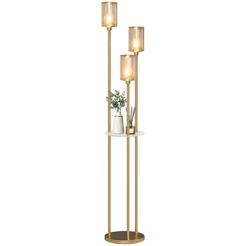HOMCOM Vloerlamp met plank, 3 glazen kappen en glazen tafel, 177 cm, goud