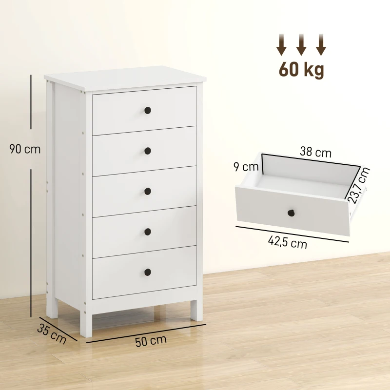 HOMCOM Ladekast met 5 lades, met zwarte grepen, voor slaapkamer en woonkamer, 50 x 35 x 90 cm, wit