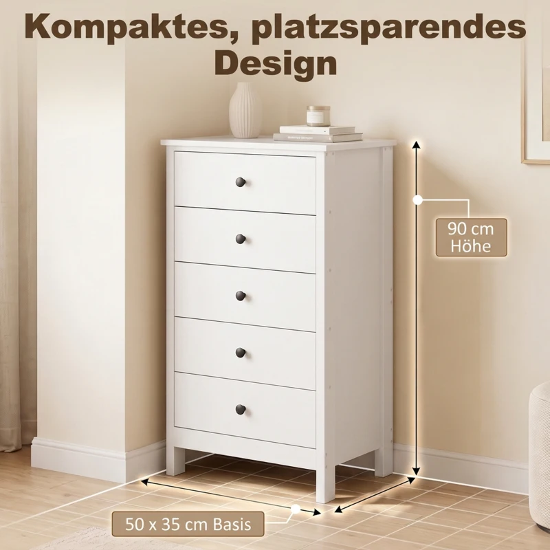 HOMCOM Kommode mit 5 Schubladen, mit schwarzen Griffen, für Schlafzimmer und Wohnzimmer, 50 x 35 x 90 cm, Weiß