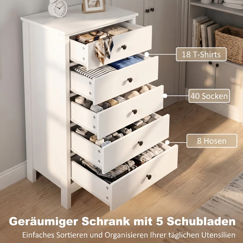 HOMCOM Ladekast met 5 lades, met zwarte grepen, voor slaapkamer en woonkamer, 50 x 35 x 90 cm, wit