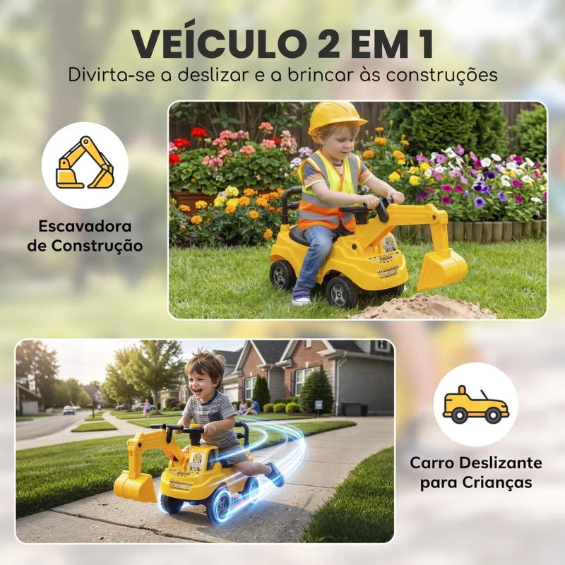 AIYAPLAY Escavadora sem Pedais para Crianças 1-3 Anos com Buzina de Ar Braço Escavador e Arrumação 15 kg Amarelo