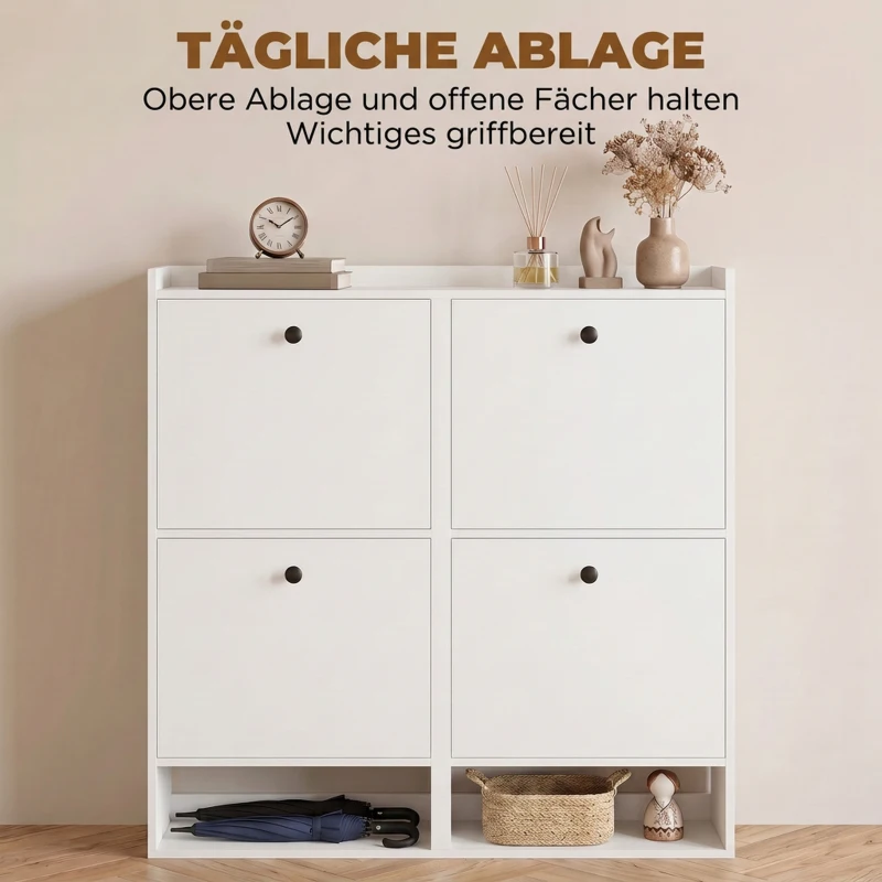 HOMCOM Schoenenkast met 4 klepvakken, verstelbare scheidingswanden, open plank en bovenblad, wit