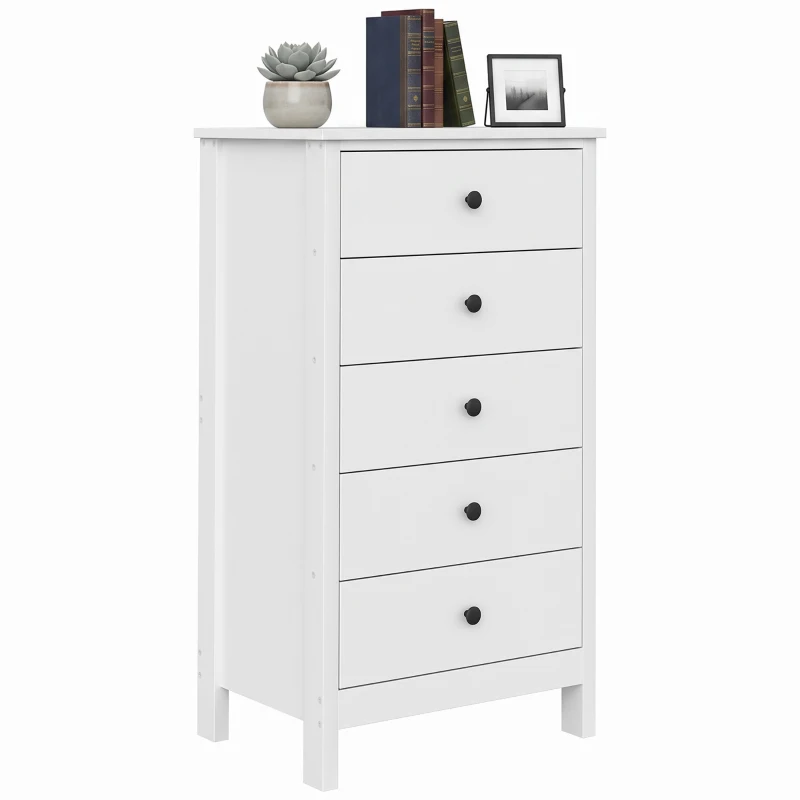 HOMCOM Kommode mit 5 Schubladen, mit schwarzen Griffen, für Schlafzimmer und Wohnzimmer, 50 x 35 x 90 cm, Weiß