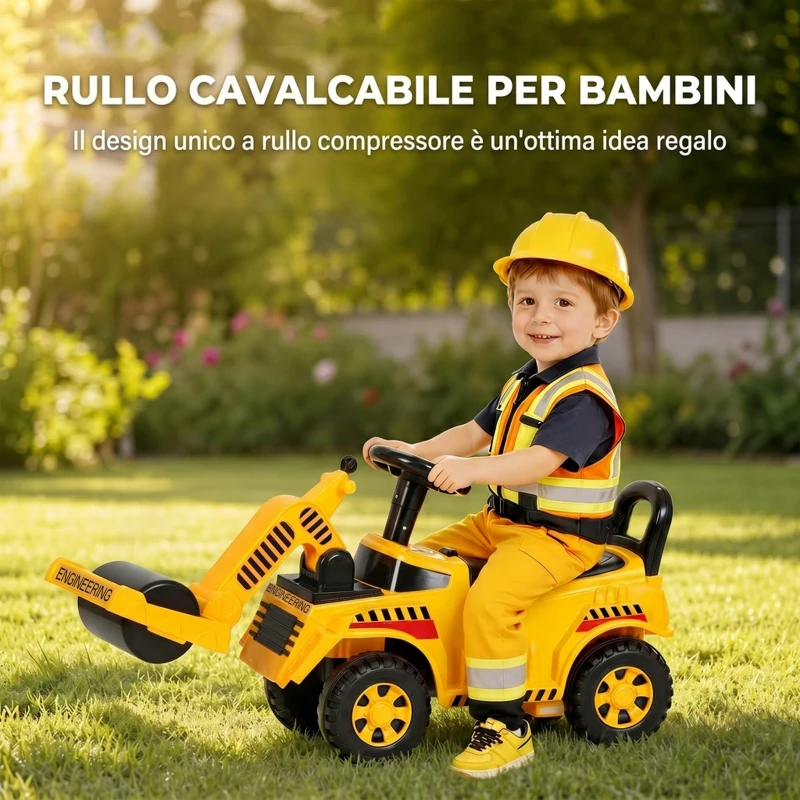 AIYAPLAY Ruspa Cavalcabile per Bambini 1-4 Anni con Rullo Compressore Sollevabile, Clacson e Vano Sotto Sedile, Giallo