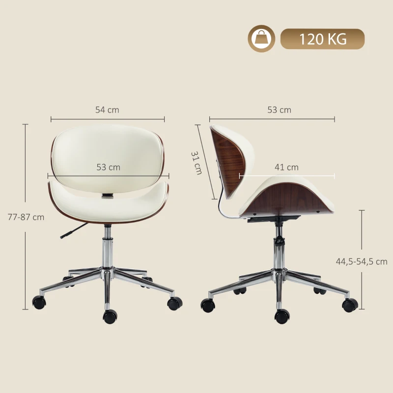 Vinsetto Chaise de Bureau Design Vintage, Hauteur Réglable, Pivotant 360°, Revêtement Synthétique, 53x53x87cm, Crème