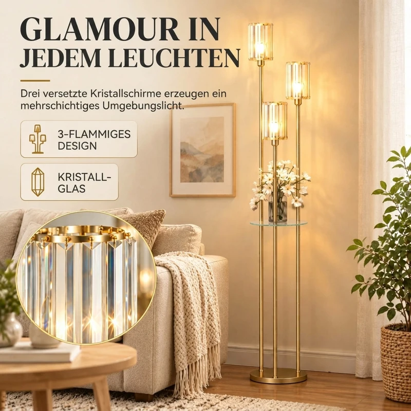 HOMCOM Vloerlamp met plank, 3 glazen kappen en glazen tafel, 177 cm, goud