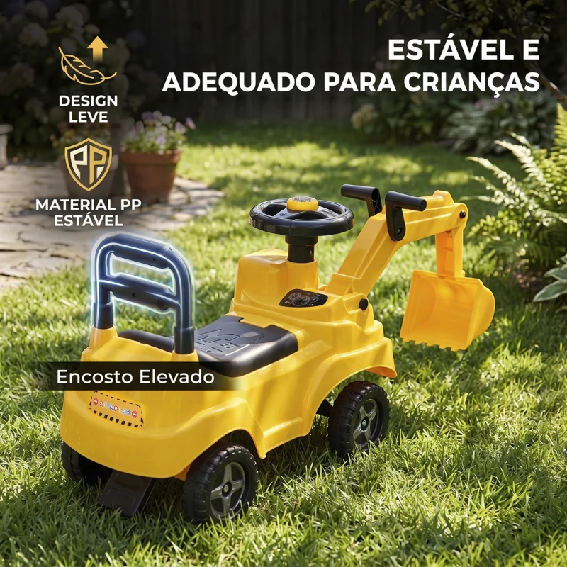 AIYAPLAY Escavadora sem Pedais para Crianças 1-3 Anos com Buzina de Ar Braço Escavador e Arrumação 15 kg Amarelo