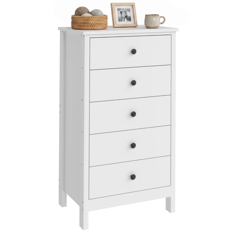 HOMCOM Kommode mit 5 Schubladen, mit schwarzen Griffen, für Schlafzimmer und Wohnzimmer, 50 x 35 x 90 cm, Weiß