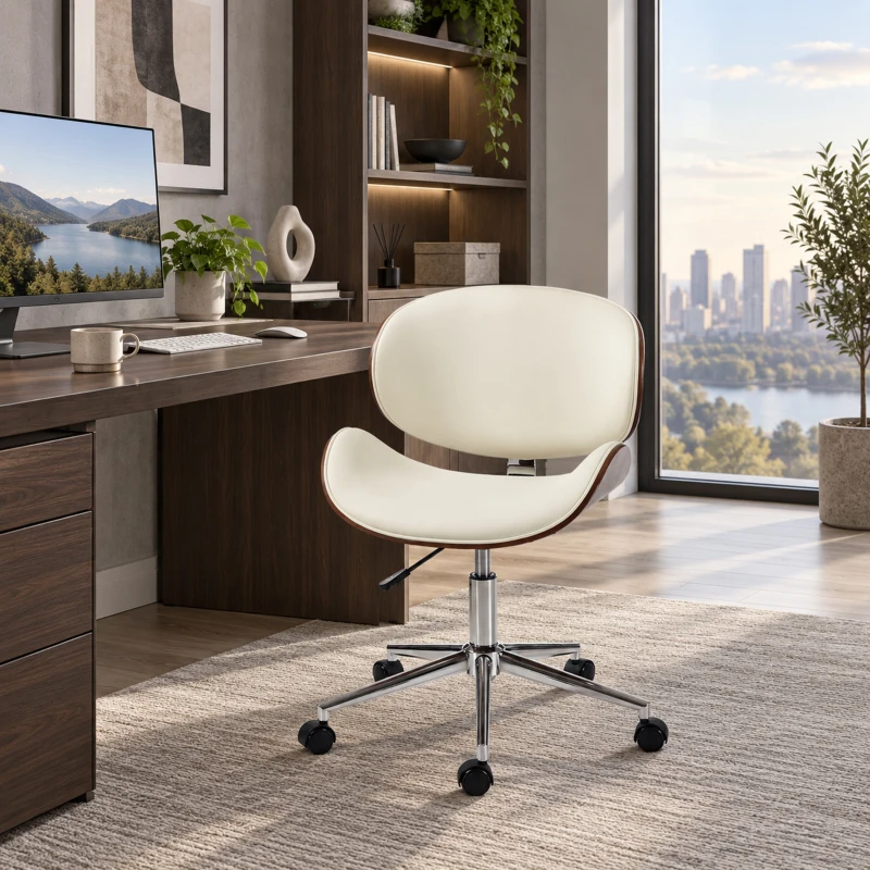 Vinsetto Chaise de Bureau Design Vintage, Hauteur Réglable, Pivotant 360°, Revêtement Synthétique, 53x53x87cm, Crème