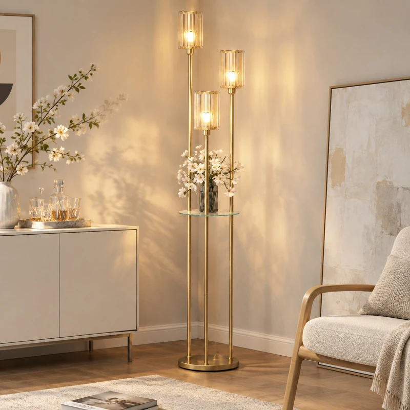 HOMCOM Lampa stojąca z półkami z 3 szklanymi kloszami Lampa stojąca ze szklanym stolikiem 177 cm złota