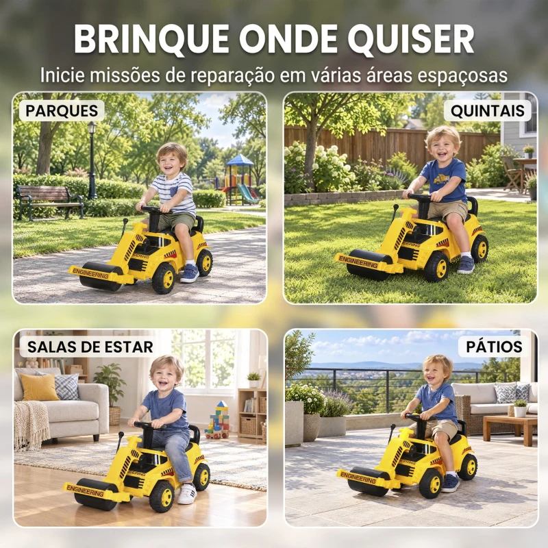 AIYAPLAY Trator Sem Pedais com Rolo Dianteiro Elevável Buzina e Arrumação Amarelo